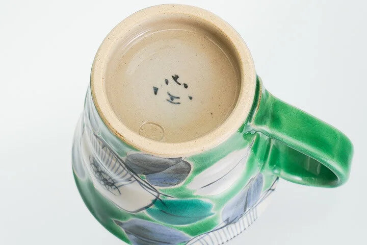 KUTANI JAPANESE MUG CUP KOZOME TUBAKI GREEN /KOKUZOU KLIN