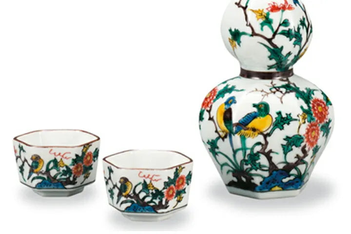 KUTANI JAPANESE SAKE SET KO-KUTANI STYLE FLOWERS AND BIRDS
