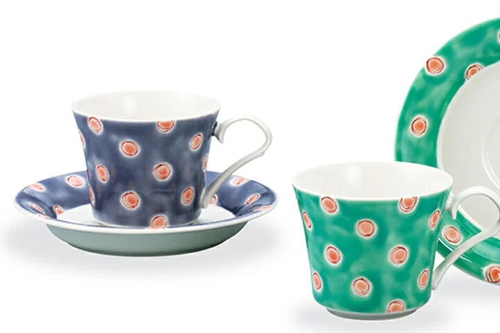 KUTANI WARE PAIR OF CUPS & SAUCERS POLKA DOTS/KINUYO OKADA
