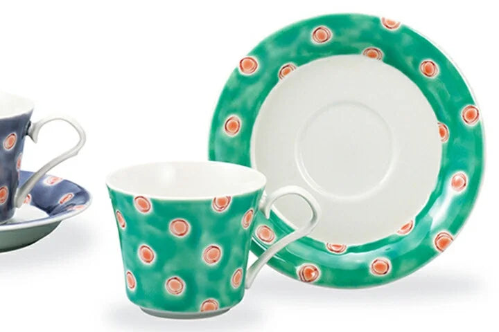 KUTANI WARE PAIR OF CUPS & SAUCERS POLKA DOTS/KINUYO OKADA