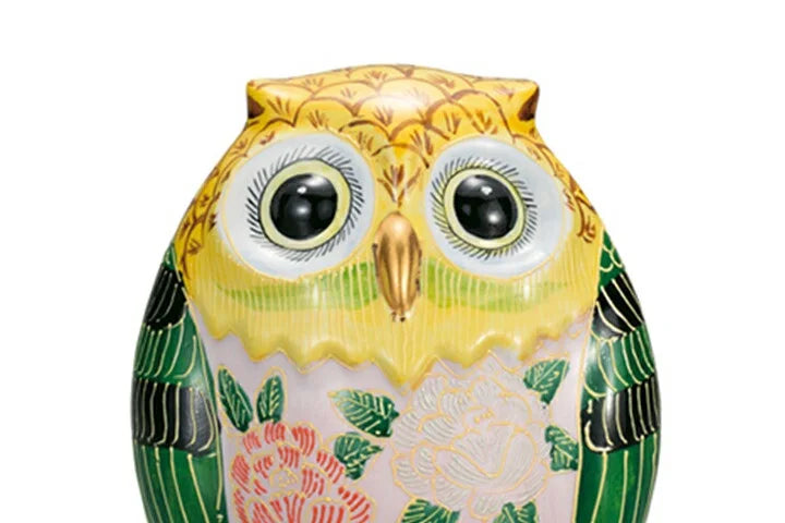 KUTANI WARE OWL FIGURINE RAISED YELLOW PEONY DECORATION