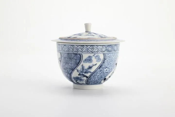JAPANESE KUTANI WARE [IMPERIAL HOUSEHOLD PURVEYOR KILN] LIDDED TEA CUP SET – SHONZUI STYLE BY CHOZA YAMAMOTO