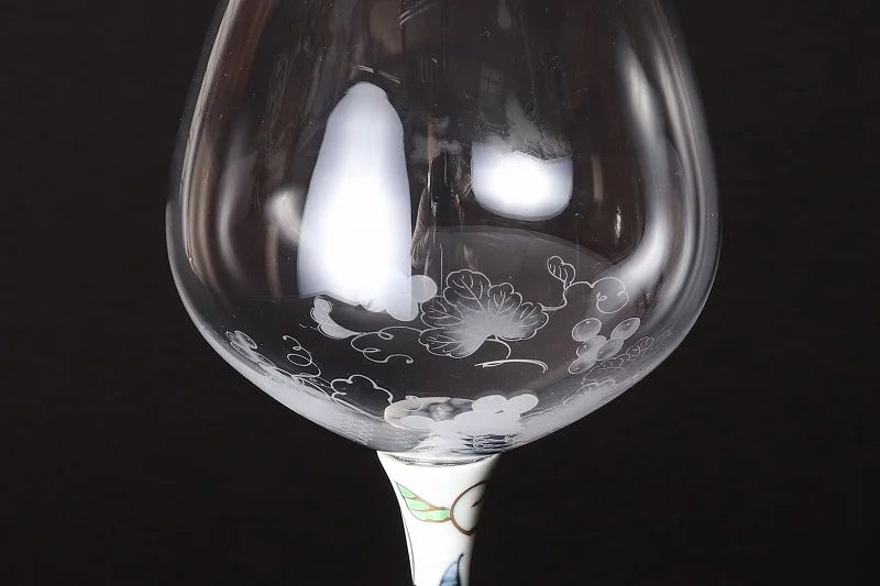 JAPANESE ARITA WARE TOYO CERAMICS PURPLE GRAPE HIGH LEG WINE GLASS
