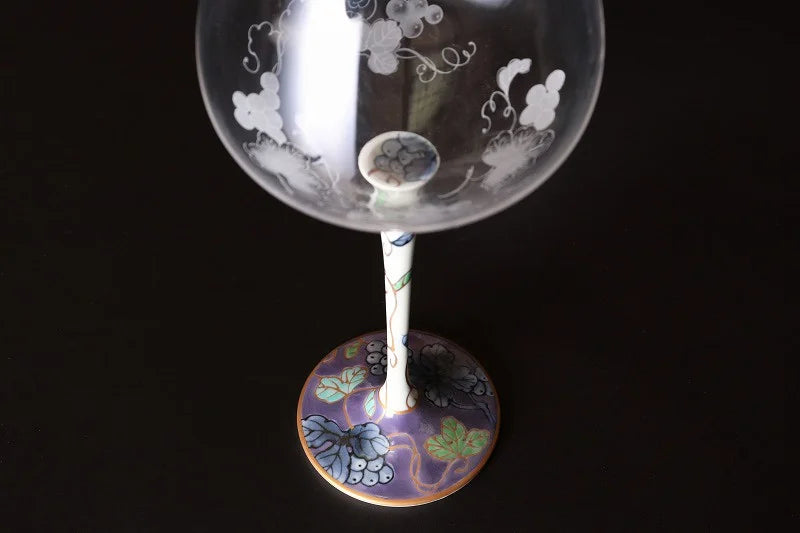 JAPANESE ARITA WARE TOYO CERAMICS PURPLE GRAPE HIGH LEG WINE GLASS