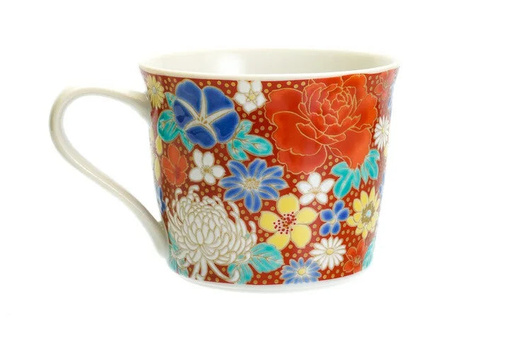 KUTANI WARE MUG – HAND-PAINTED ‘HANAZUME’ FLORAL PATTERN (RED) BY SEIKO KILN