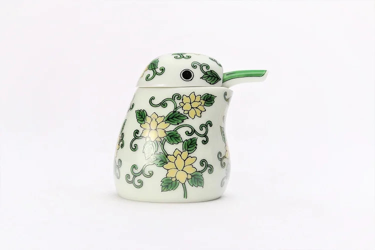 JAPANESE SAUCE DISPENSER ARITA NISHIKI GREEN ARABESQUE KINGFISHER-SHAPED / KOURAKU KILN