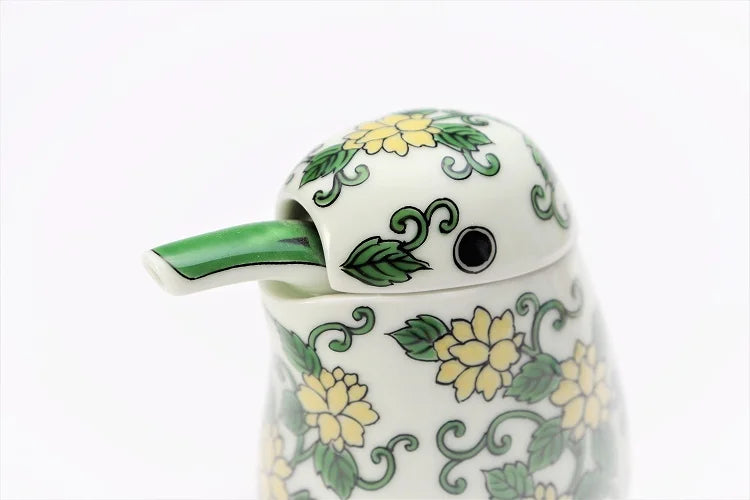 JAPANESE SAUCE DISPENSER ARITA NISHIKI GREEN ARABESQUE KINGFISHER-SHAPED / KOURAKU KILN
