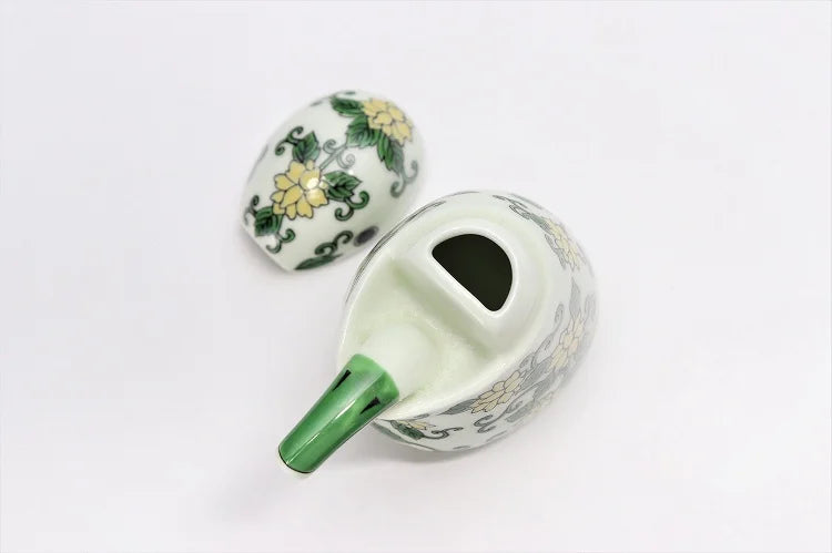 JAPANESE SAUCE DISPENSER ARITA NISHIKI GREEN ARABESQUE KINGFISHER-SHAPED / KOURAKU KILN