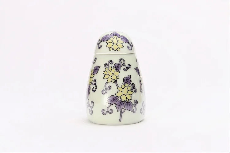 JAPANESE ARITA WARE NISHIKI PURPLE ARABESQUE KINGFISHER-SHAPED SOY SAUCE DISPENSER / KOURAKU KILN