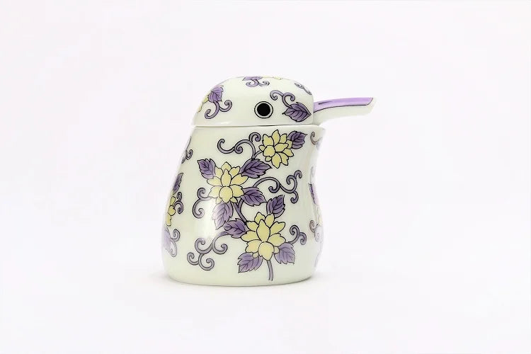 JAPANESE ARITA WARE NISHIKI PURPLE ARABESQUE KINGFISHER-SHAPED SOY SAUCE DISPENSER / KOURAKU KILN