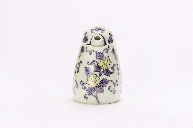 JAPANESE ARITA WARE NISHIKI PURPLE ARABESQUE KINGFISHER-SHAPED SOY SAUCE DISPENSER / KOURAKU KILN