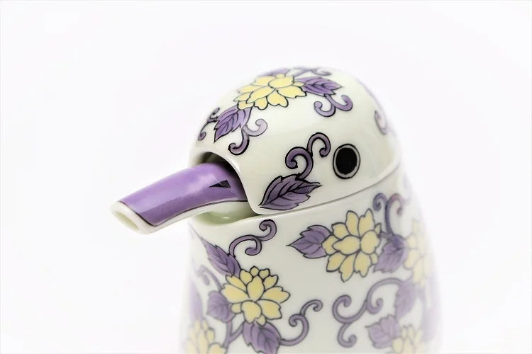 JAPANESE ARITA WARE NISHIKI PURPLE ARABESQUE KINGFISHER-SHAPED SOY SAUCE DISPENSER / KOURAKU KILN