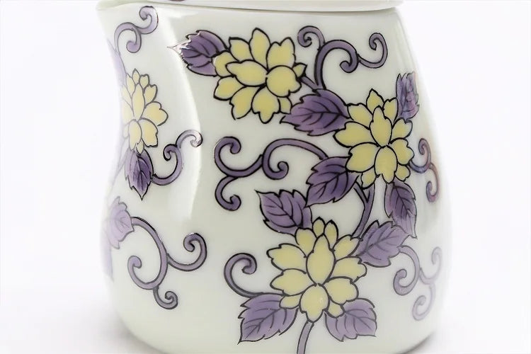 JAPANESE ARITA WARE NISHIKI PURPLE ARABESQUE KINGFISHER-SHAPED SOY SAUCE DISPENSER / KOURAKU KILN