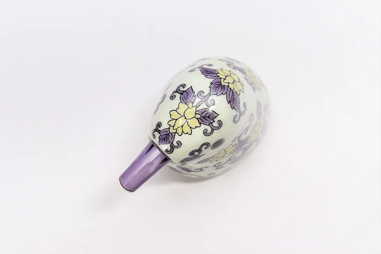 JAPANESE ARITA WARE NISHIKI PURPLE ARABESQUE KINGFISHER-SHAPED SOY SAUCE DISPENSER / KOURAKU KILN