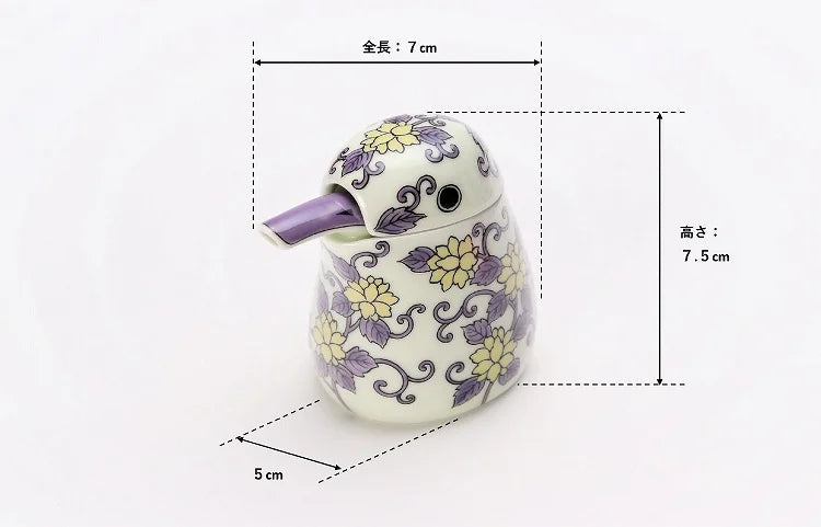 JAPANESE ARITA WARE NISHIKI PURPLE ARABESQUE KINGFISHER-SHAPED SOY SAUCE DISPENSER / KOURAKU KILN