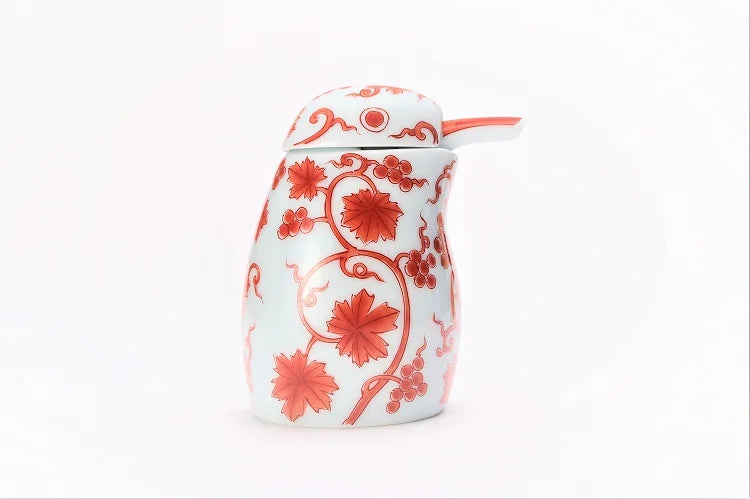 ARITA WARE NISHIKI RED ARABESQUE KINGFISHER-SHAPED SOY SAUCE DISPENSER / KOURAKU KILN