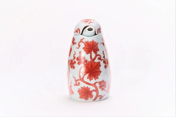 ARITA WARE NISHIKI RED ARABESQUE KINGFISHER-SHAPED SOY SAUCE DISPENSER / KOURAKU KILN