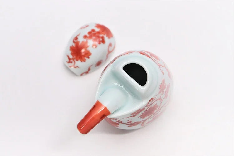 ARITA WARE NISHIKI RED ARABESQUE KINGFISHER-SHAPED SOY SAUCE DISPENSER / KOURAKU KILN