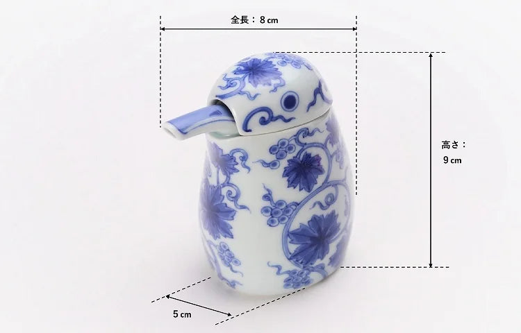 ARITA PORCELAIN SOY SAUCE DISPENSER – SOMETSUKE ARABESQUE, KINGFISHER SHAPE | KOURAKU KILN