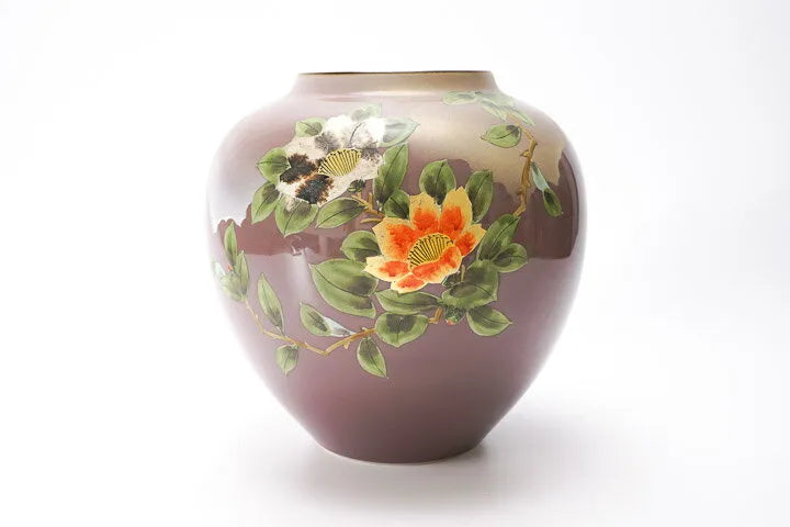 JAPANESE FLOWER VASE KUTANI CAMELLIA IN GOLD LEAF