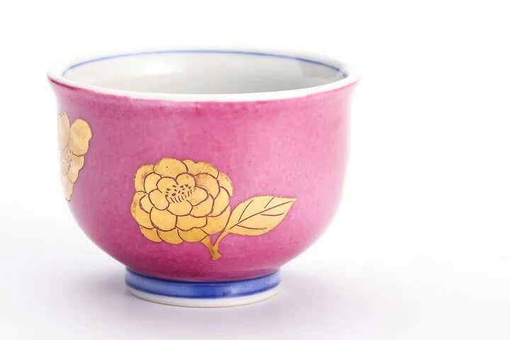 KUTANI WARE GUINOMI POLYCHROME WITH GOLD SAKE CUP CAMELLIA DESIGN – ORANGE/KINZAN KLIN