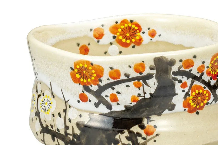 KUTANI WARE MATCHA BOWL CHAWAN RED AND WHITE PLUM BLOSSOMS