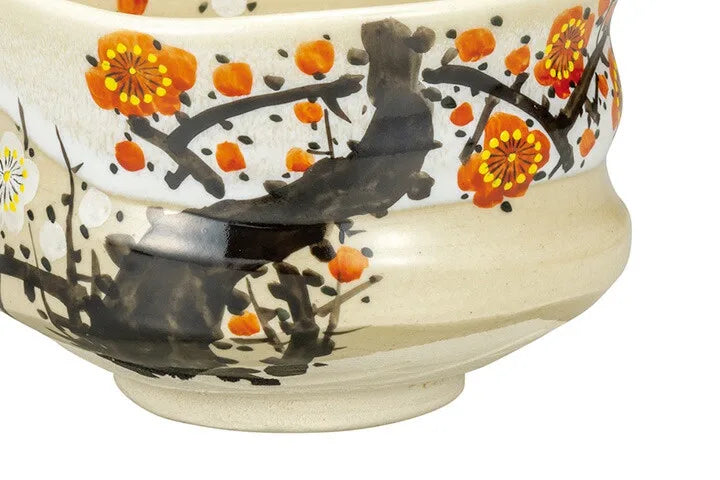 KUTANI WARE MATCHA BOWL CHAWAN RED AND WHITE PLUM BLOSSOMS