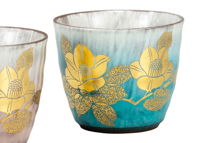 KUTANI WARE PAIR OF SHOCHU CUPS PURE GOLD CAMELLIA