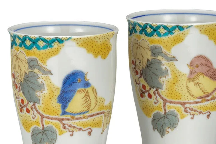 KUTANI WARE PAIR OF FREE CUPS KOMON YOSHIDAYA SPARROW