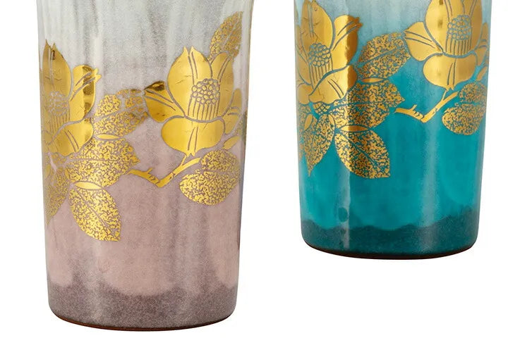 KUTANI WARE PAIR OF FREE CUPS GENUINE GOLD CAMELLIA
