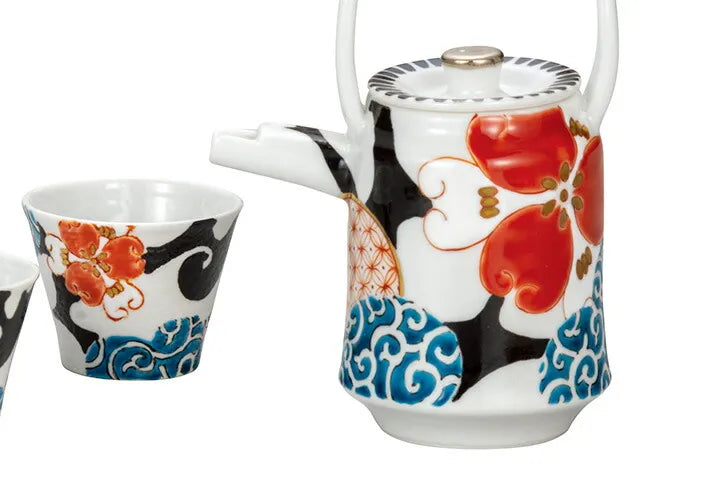 KUTANI WARE SAKE SET COLORED ARABESQUE WITH FLOWERS/TSUYOSHI SATOU