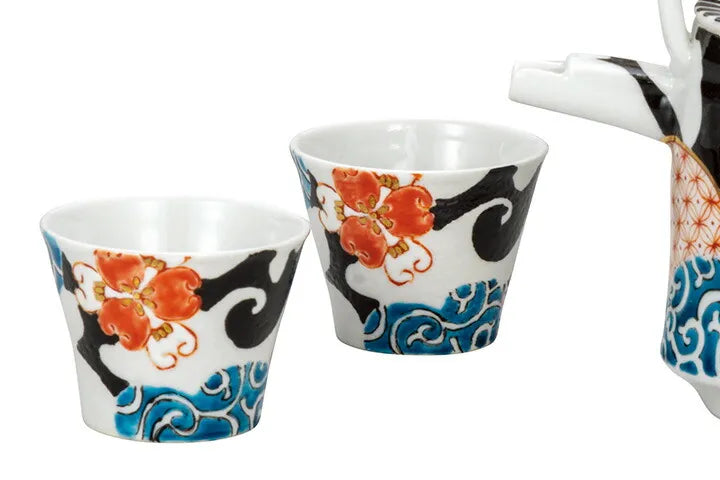 KUTANI WARE SAKE SET COLORED ARABESQUE WITH FLOWERS/TSUYOSHI SATOU