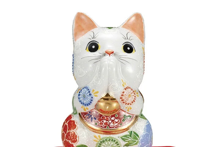 KUTANI WARE 6-INCH PRAYING CAT (MANEKI NEKO) SHIROMORI