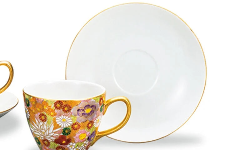 KUTANI WARE PAIR OF CUPS & SAUCERS KIN HANA-ZUME