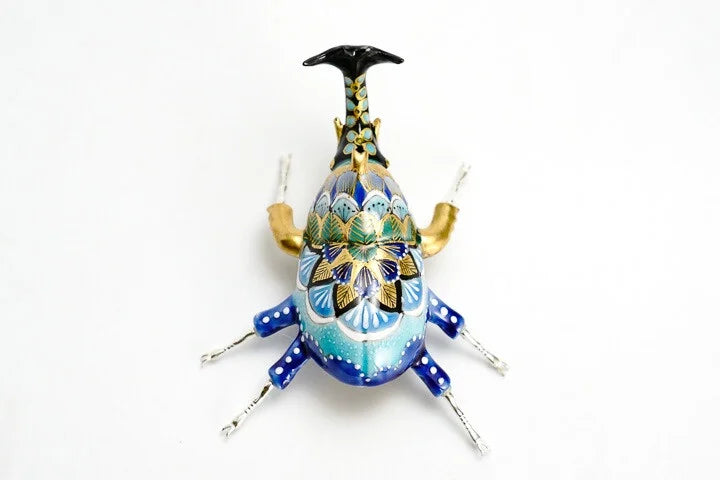 KUTANI WARE BEETLE FIGURINE – FOREST BLUE BY TAKAFUMI TAKA, JAPANESE PORCELAIN ART