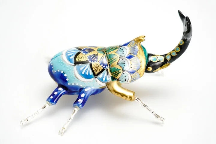 KUTANI WARE BEETLE FIGURINE – FOREST BLUE BY TAKAFUMI TAKA, JAPANESE PORCELAIN ART