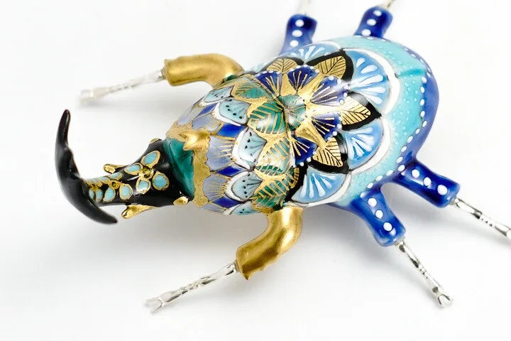 KUTANI WARE BEETLE FIGURINE – FOREST BLUE BY TAKAFUMI TAKA, JAPANESE PORCELAIN ART