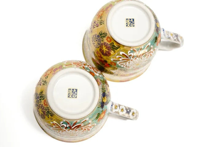 KUTANI WARE PAIR  MUGS HANAZUME INTERIOR GOLD AND SILVER LEAF DECORATION/ KUTANI AKATUKIDOU