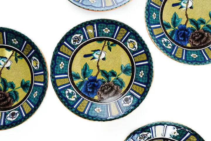 KUTANI JAPANESE PLATE SET YOSHIDAYA-STYLE PARTITIONED PEONY WITH BIRD/ SEIKOU KLIN