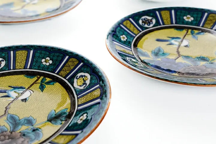 KUTANI JAPANESE PLATE SET YOSHIDAYA-STYLE PARTITIONED PEONY WITH BIRD/ SEIKOU KLIN