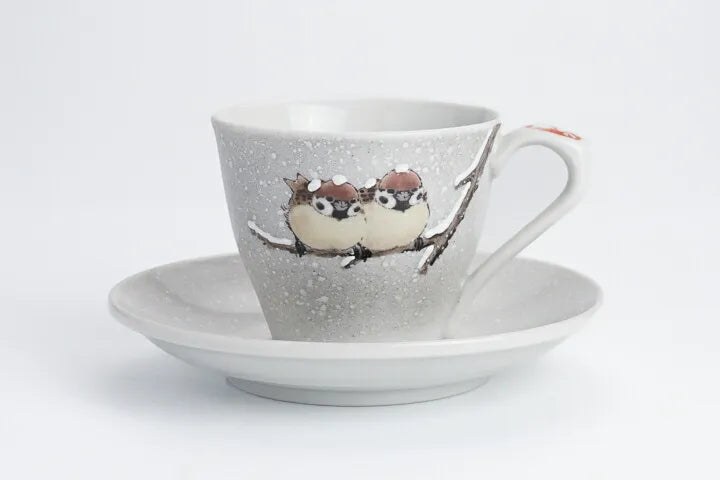 KUTANI COFFEE CUP & SAUCER SET – TWO SPARROWS IN SNOW MOTIF BY TOSHITO NAKAMURA