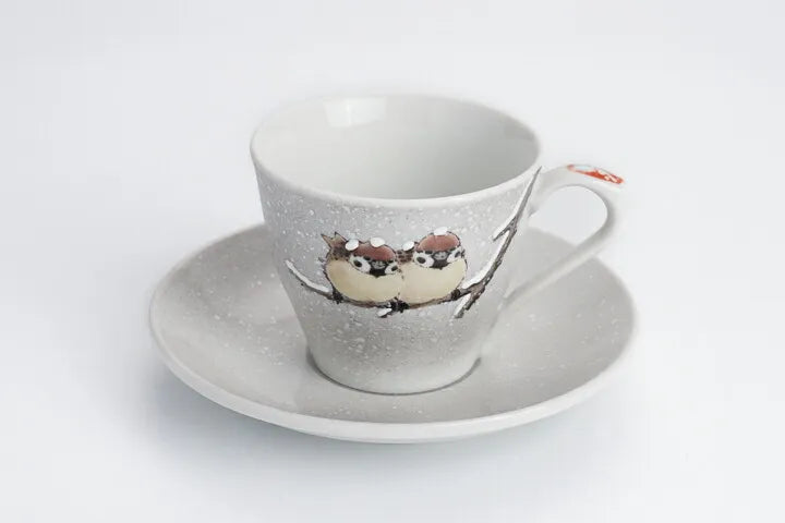 KUTANI COFFEE CUP & SAUCER SET – TWO SPARROWS IN SNOW MOTIF BY TOSHITO NAKAMURA