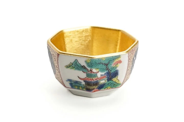 KUTANI WARE SAKE CUPS SET OF 6 WITH EDO-STYLE DESIGNS AND GOLD LEAF / SEIKOU KLIN