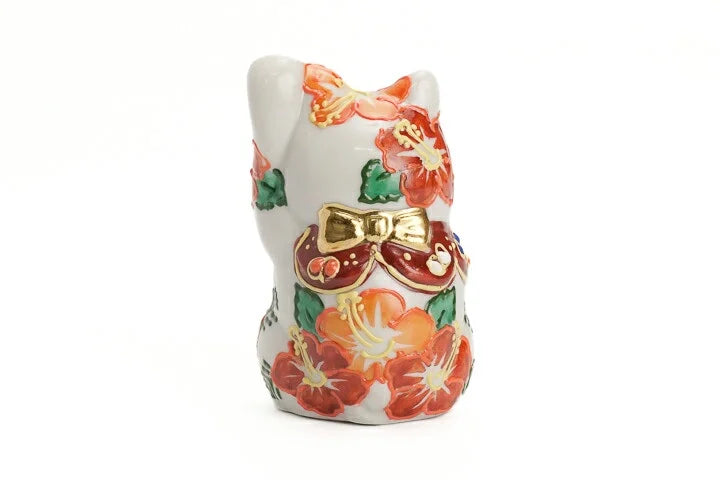 KUTANI WARE LUCKY CAT(MANEKI NEKO) HIBISCUS RAISED LEFT PAW