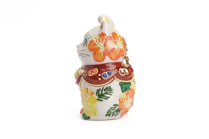 KUTANI WARE LUCKY CAT(MANEKI NEKO) HIBISCUS RAISED RIGHT PAW