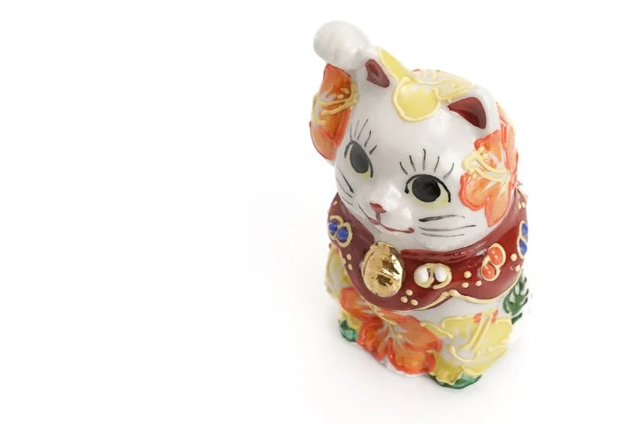 KUTANI WARE LUCKY CAT(MANEKI NEKO) HIBISCUS RAISED RIGHT PAW
