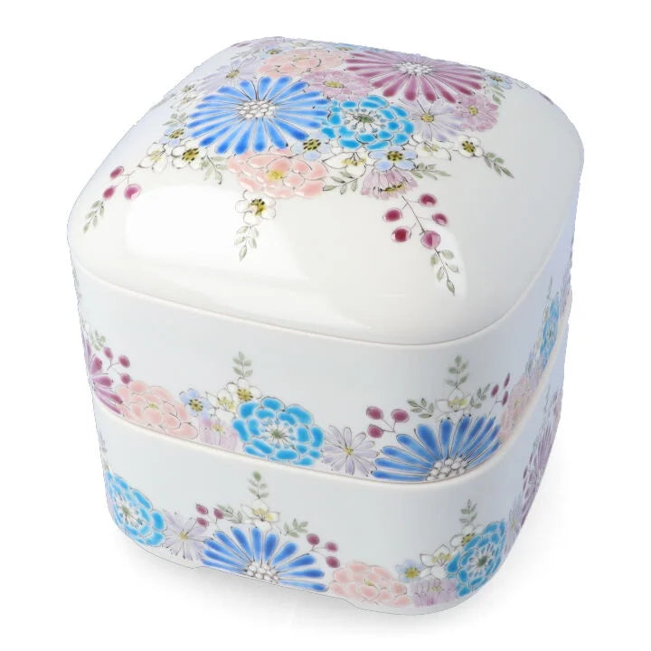 KUTANI WARE TWO-TIERED BOX - HANA BLUE-PURPLE DESIGN BY IROE-YU, JAPANESE CERAMIC ART