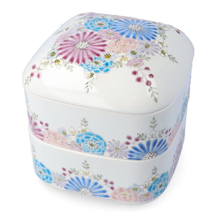 KUTANI WARE TWO-TIERED BOX - HANA BLUE-PURPLE DESIGN BY IROE-YU, JAPANESE CERAMIC ART