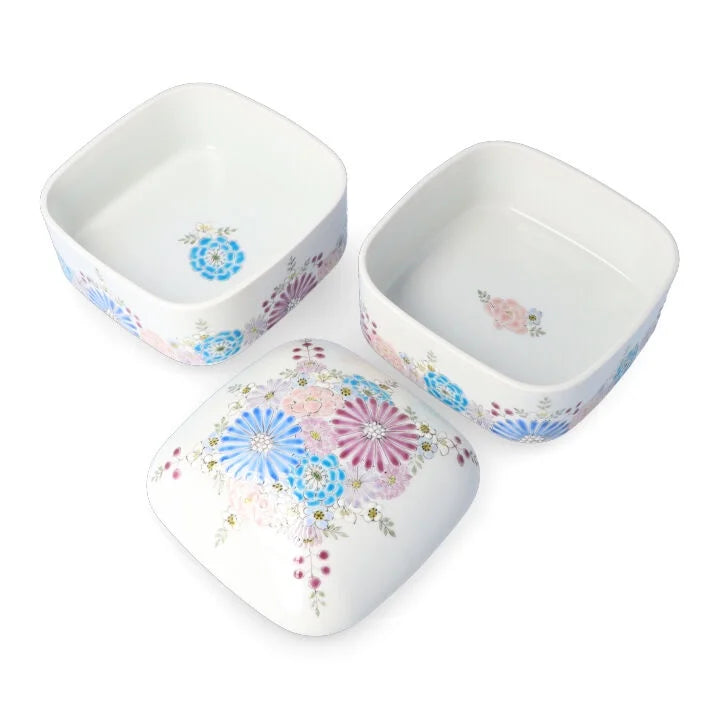 KUTANI WARE TWO-TIERED BOX - HANA BLUE-PURPLE DESIGN BY IROE-YU, JAPANESE CERAMIC ART