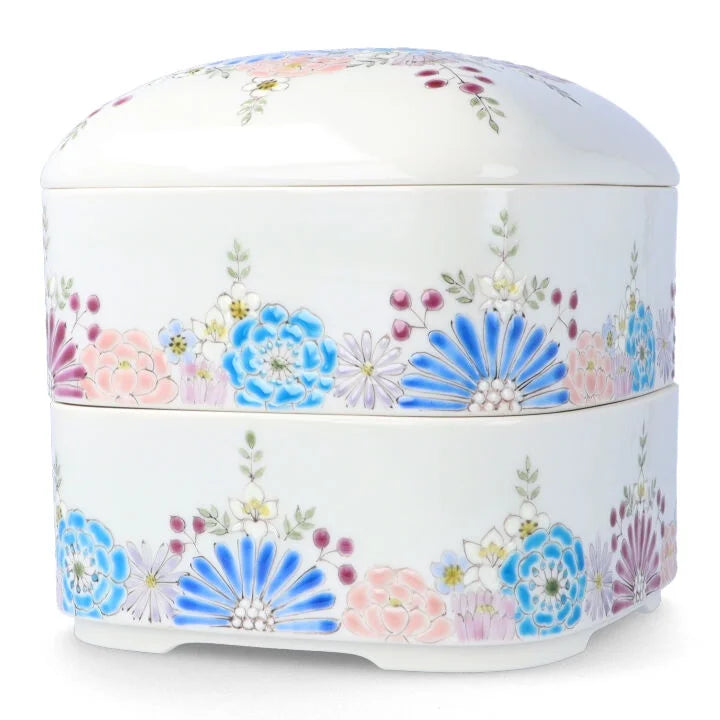 KUTANI WARE TWO-TIERED BOX - HANA BLUE-PURPLE DESIGN BY IROE-YU, JAPANESE CERAMIC ART